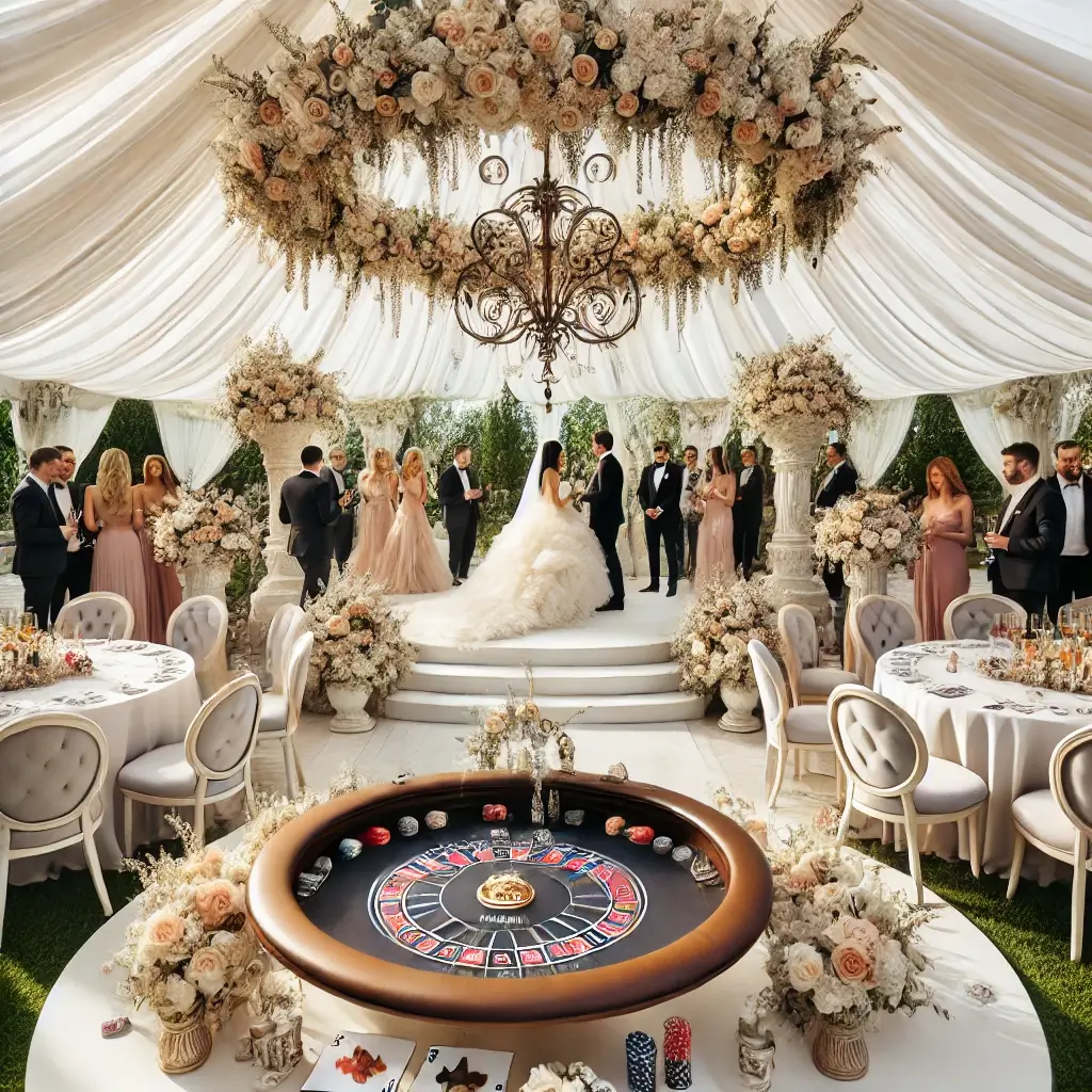 Elegant outdoor wedding with bespoke decorations and casino entertainment